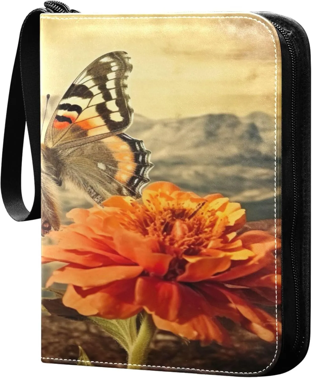 Orange Butterfly Card Binder 4 Pocket Collectible Trading Card Albums with 50 Sleeves Double Side PU Waterproof 3 Ring for Sports & Game Cards