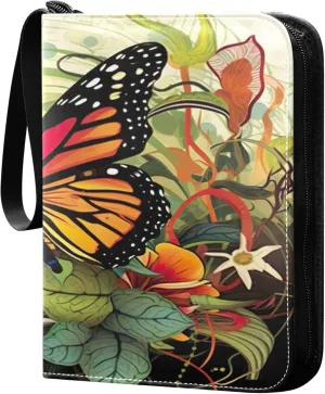 Orange Butterfly Card Binder 4 Pocket Collectible Trading Card Albums with 50 Sleeves Double Side PU Waterproof 3 Ring for Sports & Game Cards