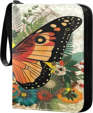 Orange Butterfly Card Binder 4 Pocket Collectible Trading Card Albums with 50 Sleeves Double Side PU Waterproof 3 Ring for Sports & Game Cards