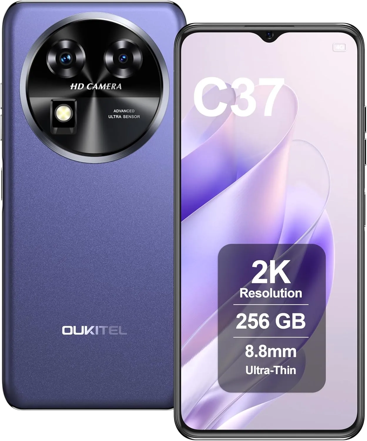 OUKITEL C37 Smartphone, 24GB RAM 256GB ROM, 6.6 Inch FHD  60Hz Display, 48MP 32MP Camera, 5150mAh, Octa-Core, 4G Dual SIM Cell Phones, Fingerprint, Face ID, GPS, Purple