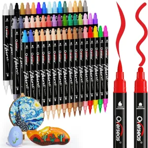 Overseas Acrylic Paint Markers, 48 Colors Paint Pens Acrylic Markers Dual Tip with Brush Tip and Dot Tip, No Bleeding Coloring Markers for Wood, Rock, Canvas, Glass, Metal, Ceramic, Plastic, Fabric