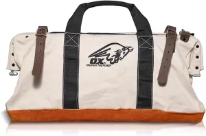 OX Tools 24 Inch Canvas Mason Tool Bag Canvas Utility Bag Reinforced and Riveted opening frame Nylon Strap Handles Suede Leather Bottom OX-P262924