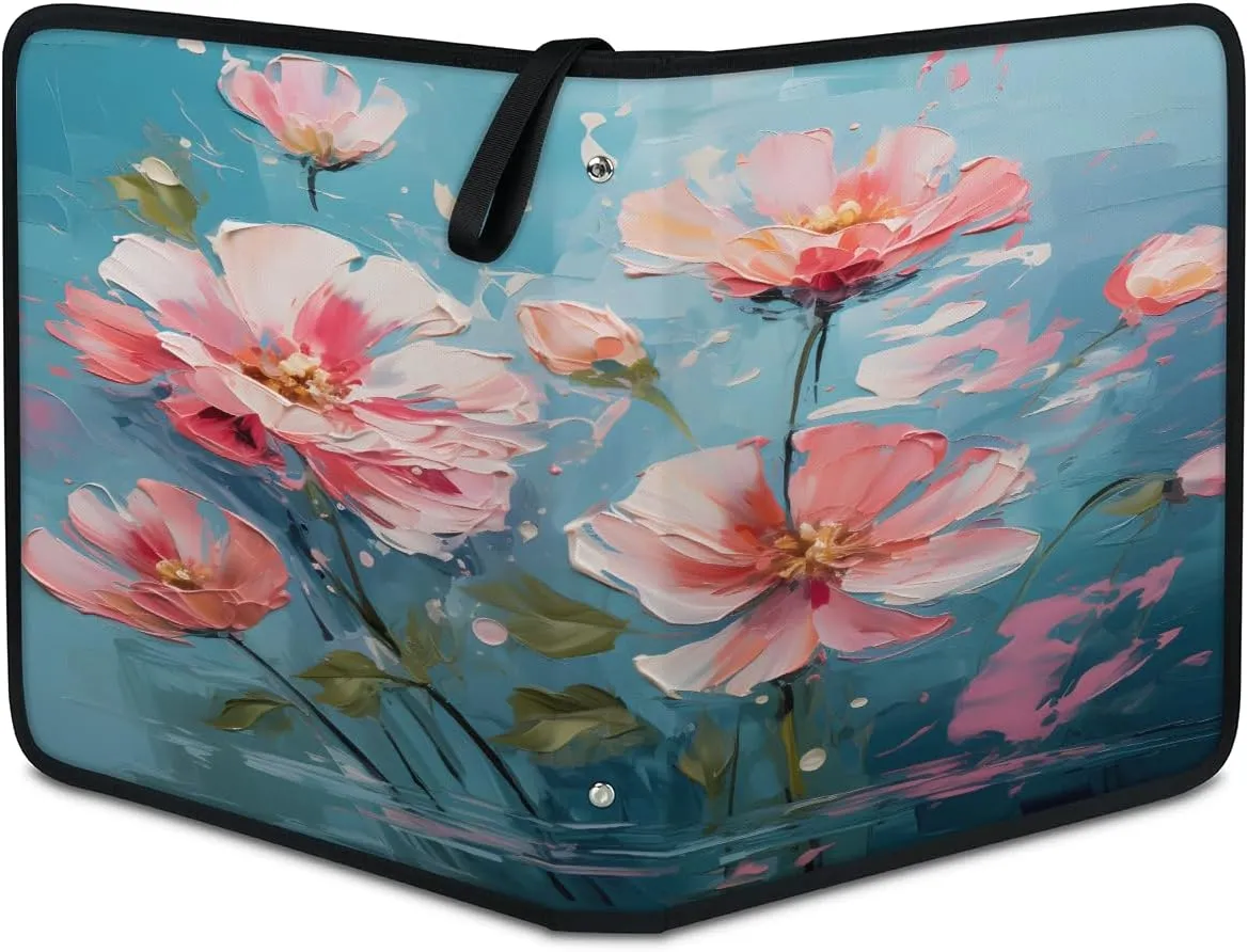 Painting Flowers 3 Ring Trading Zipper Binder Strap, Trading Card Binder 4 Pocket, 400 Pockets Card Holder with 50 Removable Sleeves for Game Cards