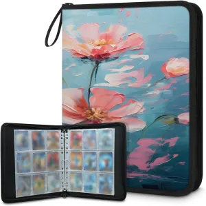 Painting Flowers 3 Ring Trading Zipper Binder Strap, Trading Card Binder 4 Pocket, 400 Pockets Card Holder with 50 Removable Sleeves for Game Cards