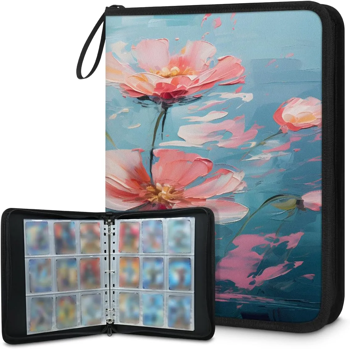 Painting Flowers 3 Ring Trading Zipper Binder Strap, Trading Card Binder 4 Pocket, 400 Pockets Card Holder with 50 Removable Sleeves for Game Cards
