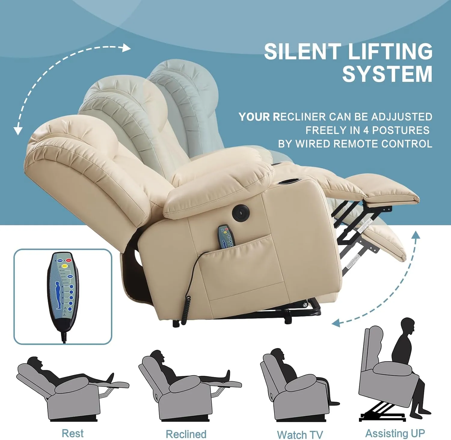 PARKOL Power Lift Recliner Chair for Elderly Breathable Leather Recliner Chair with Massage and Heat,2 Cup Holders,Electric Stand Assist,USB Ports,Gifts for Family (Beige)