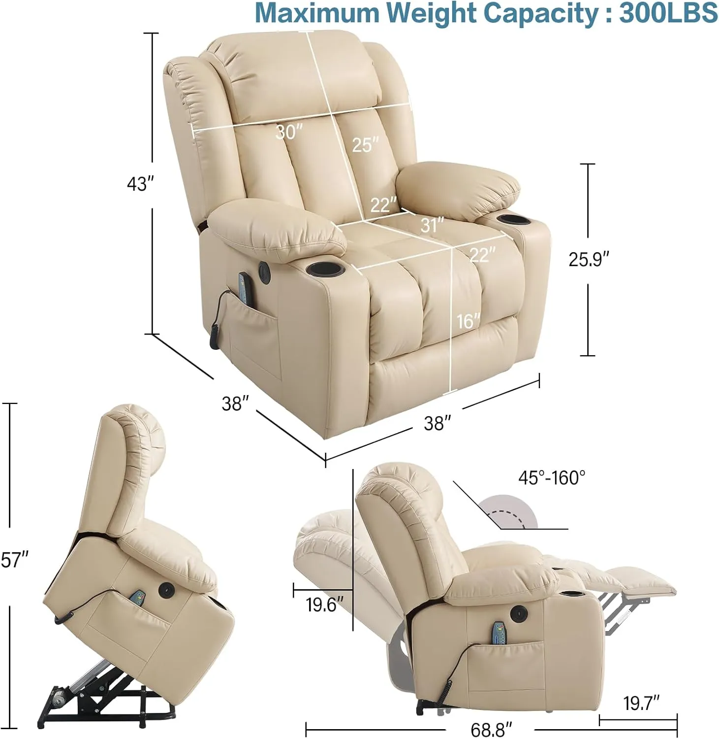 PARKOL Power Lift Recliner Chair for Elderly Breathable Leather Recliner Chair with Massage and Heat,2 Cup Holders,Electric Stand Assist,USB Ports,Gifts for Family (Beige)