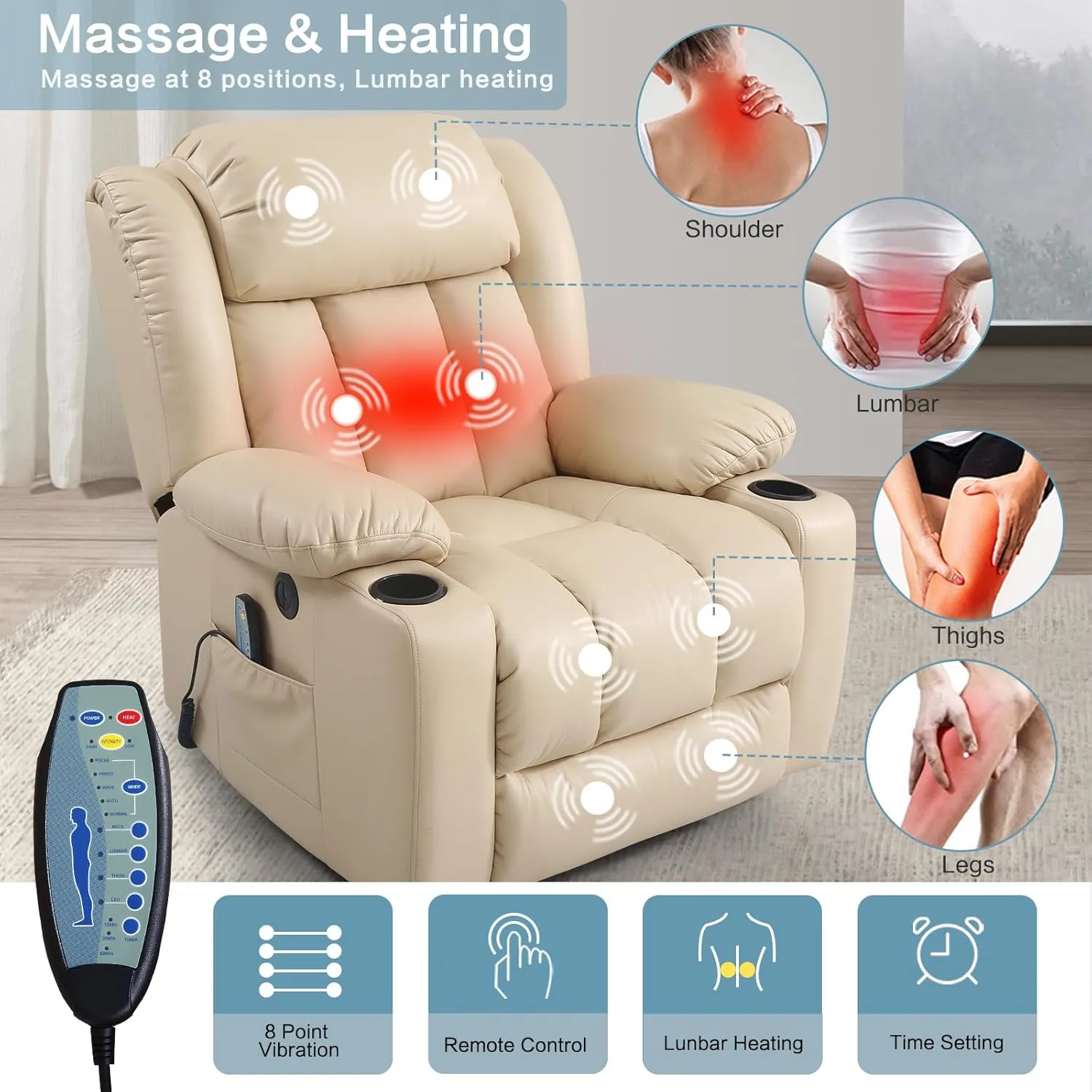 PARKOL Power Lift Recliner Chair for Elderly Breathable Leather Recliner Chair with Massage and Heat,2 Cup Holders,Electric Stand Assist,USB Ports,Gifts for Family (Beige)