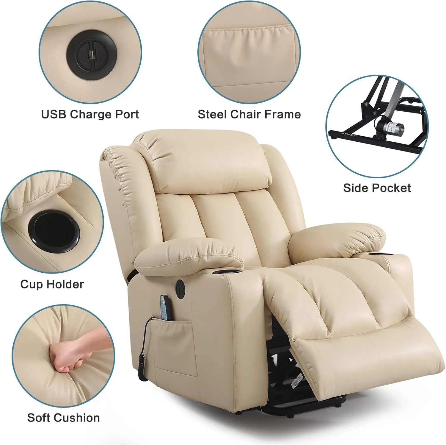 PARKOL Power Lift Recliner Chair for Elderly Breathable Leather Recliner Chair with Massage and Heat,2 Cup Holders,Electric Stand Assist,USB Ports,Gifts for Family (Beige)