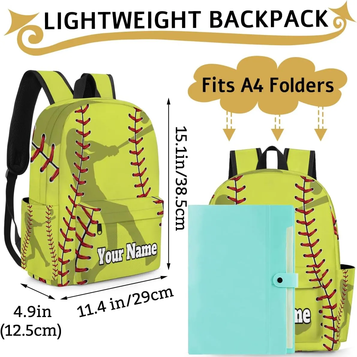 Personalized Baseball Preschool Toddler Backpack for Boys Girls Custom Kids Name Small Bookbags Kindergarten Elementary Backpack, Yellow Sport Softball
