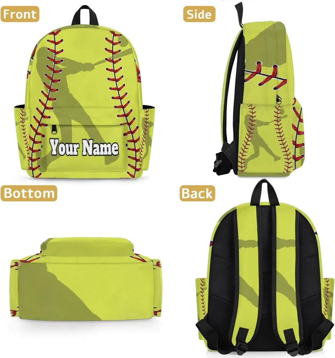 Personalized Baseball Preschool Toddler Backpack for Boys Girls Custom Kids Name Small Bookbags Kindergarten Elementary Backpack, Yellow Sport Softball