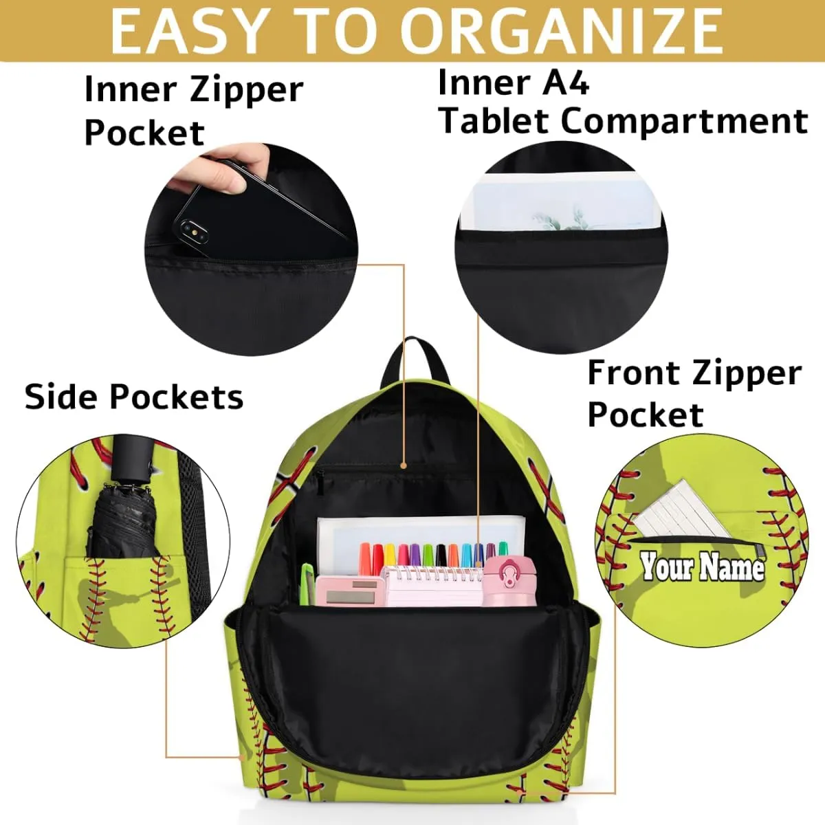 Personalized Baseball Preschool Toddler Backpack for Boys Girls Custom Kids Name Small Bookbags Kindergarten Elementary Backpack, Yellow Sport Softball