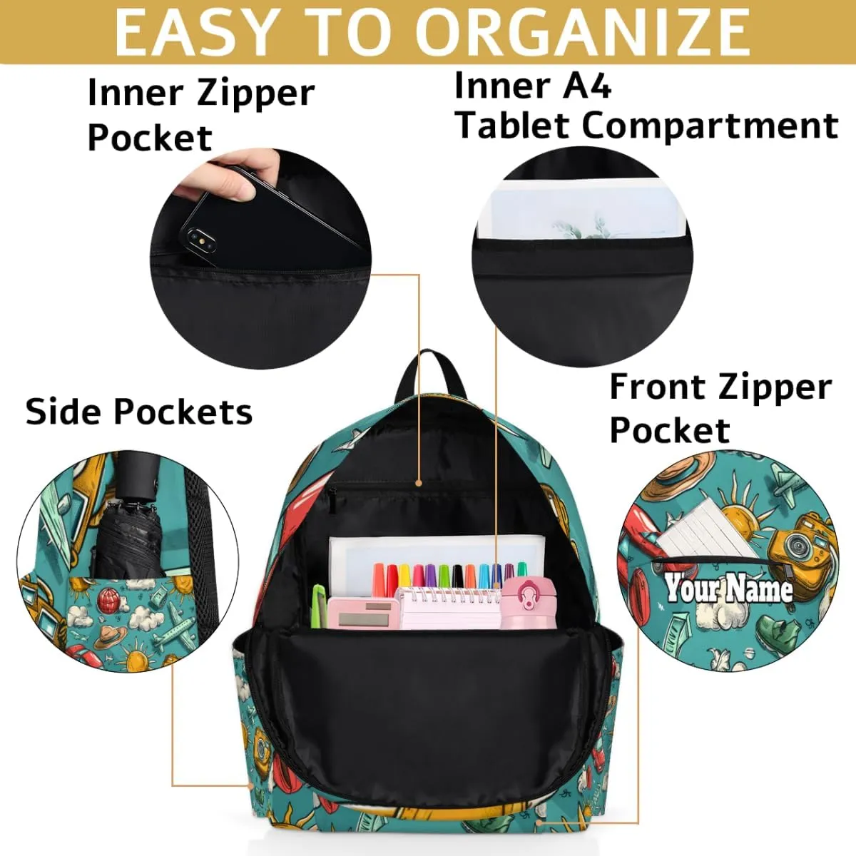 Personalized Camera Car Aircraft Preschool Toddler Backpack for Boys Girls Custom Kids Name Small Bookbags Kindergarten Elementary Backpack, Tropical Sun