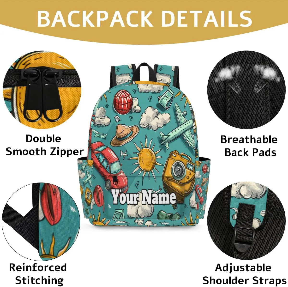 Personalized Camera Car Aircraft Preschool Toddler Backpack for Boys Girls Custom Kids Name Small Bookbags Kindergarten Elementary Backpack, Tropical Sun