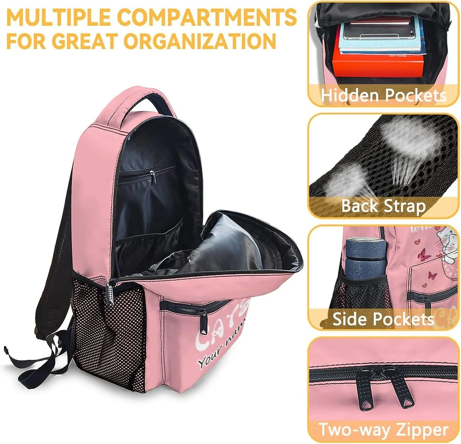 Personalized Cat Girls Backpack for School with Name, 16 Inch Pink Backpacks for Kids, Cute Lightweight Durable Bookbag for Travel