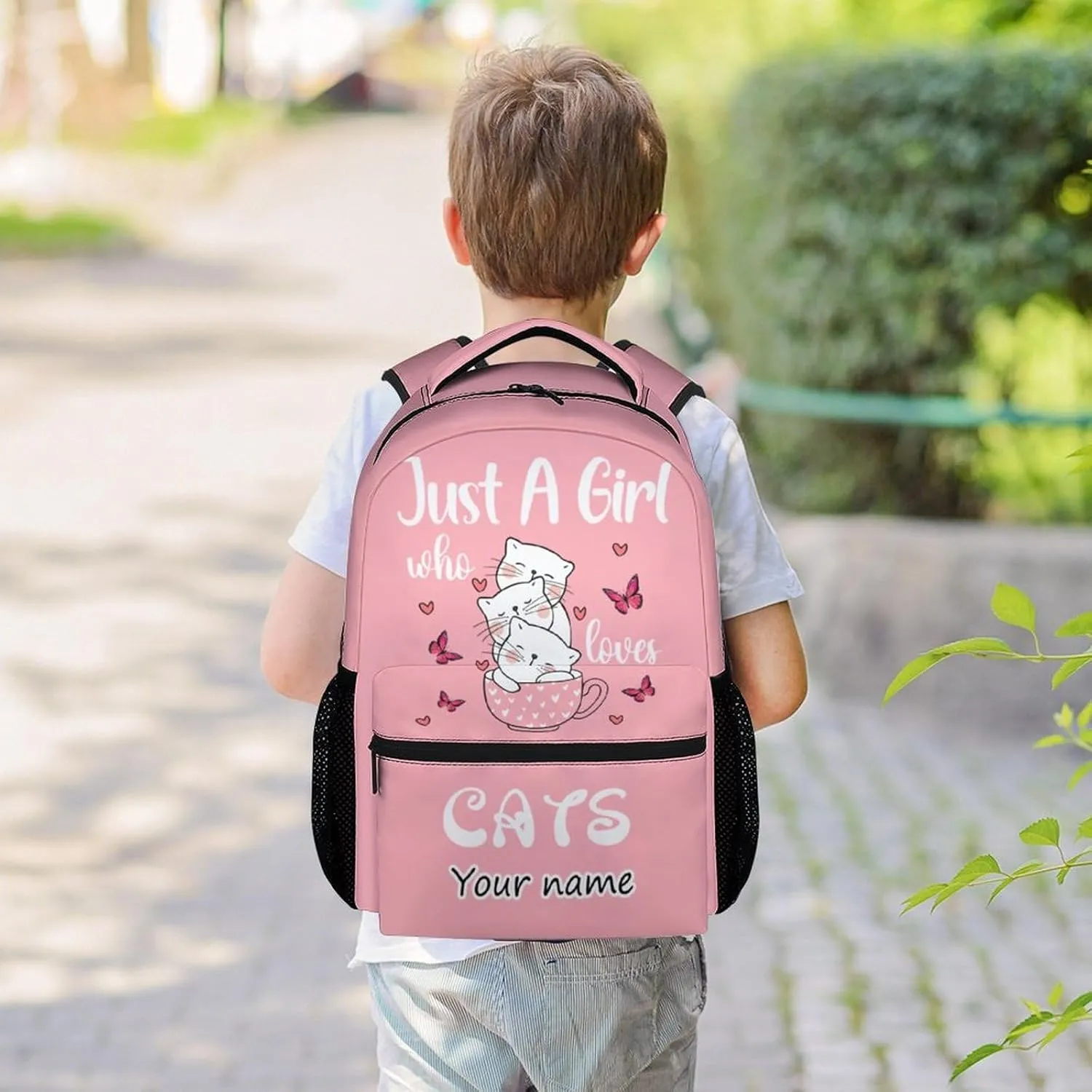 Personalized Cat Girls Backpack for School with Name, 16 Inch Pink Backpacks for Kids, Cute Lightweight Durable Bookbag for Travel