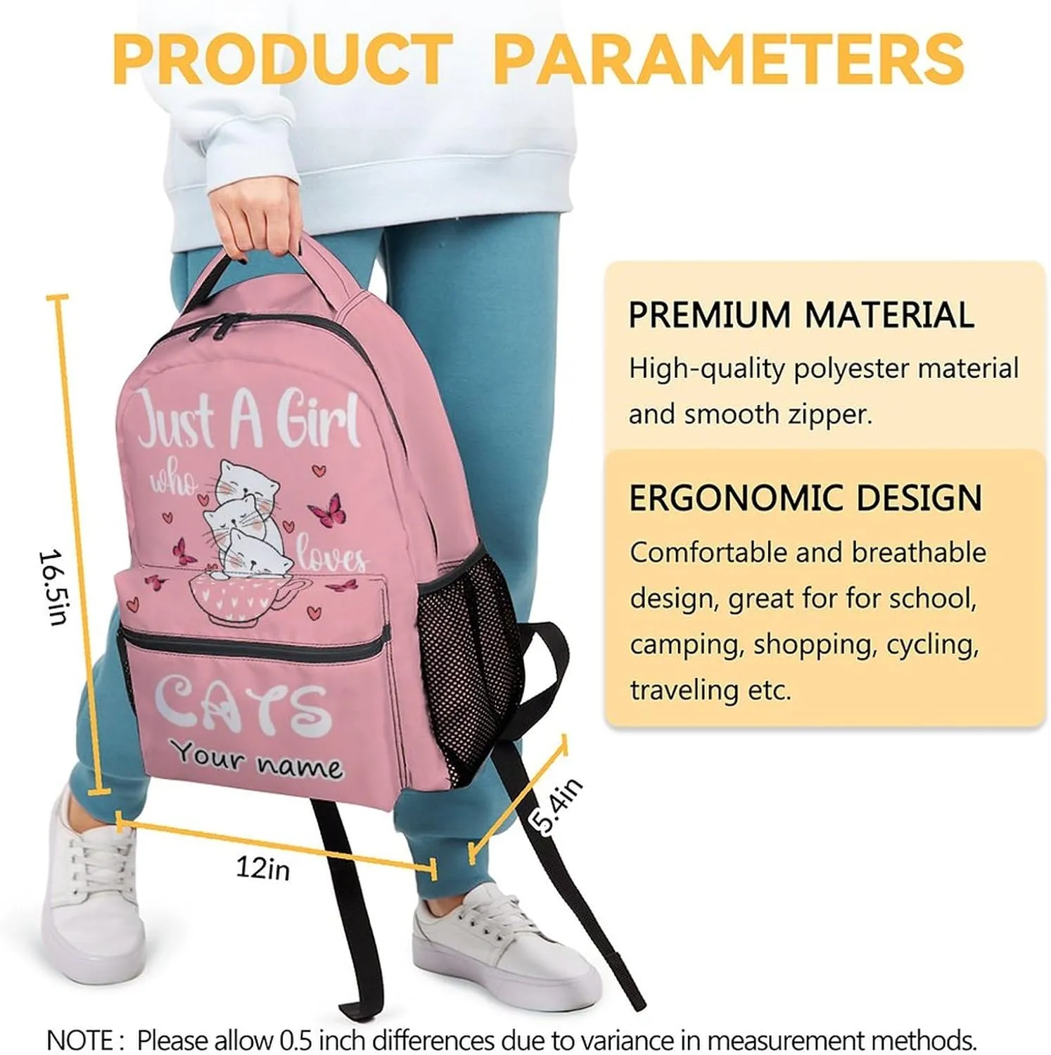 Personalized Cat Girls Backpack for School with Name, 16 Inch Pink Backpacks for Kids, Cute Lightweight Durable Bookbag for Travel