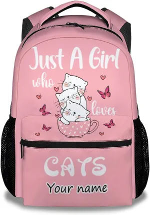 Personalized Cat Girls Backpack for School with Name, 16 Inch Pink Backpacks for Kids, Cute Lightweight Durable Bookbag for Travel
