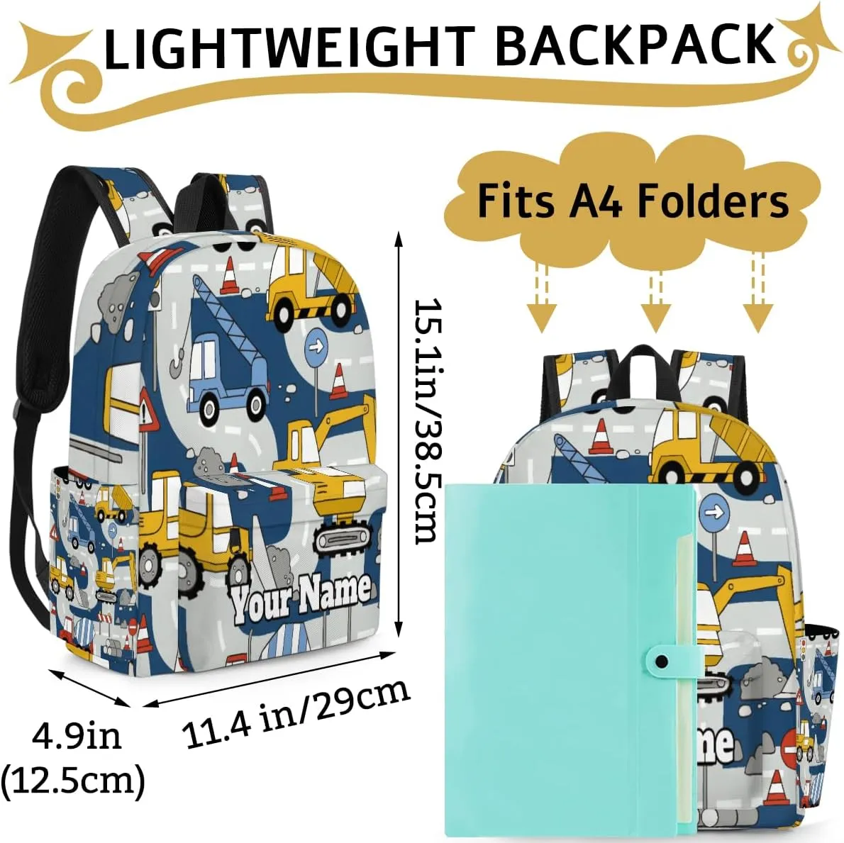 Personalized Construction Trucks Preschool Toddler Backpack for Boys Girls Custom Kids Name Small Bookbags Kindergarten Elementary Backpack, Cartoon Car