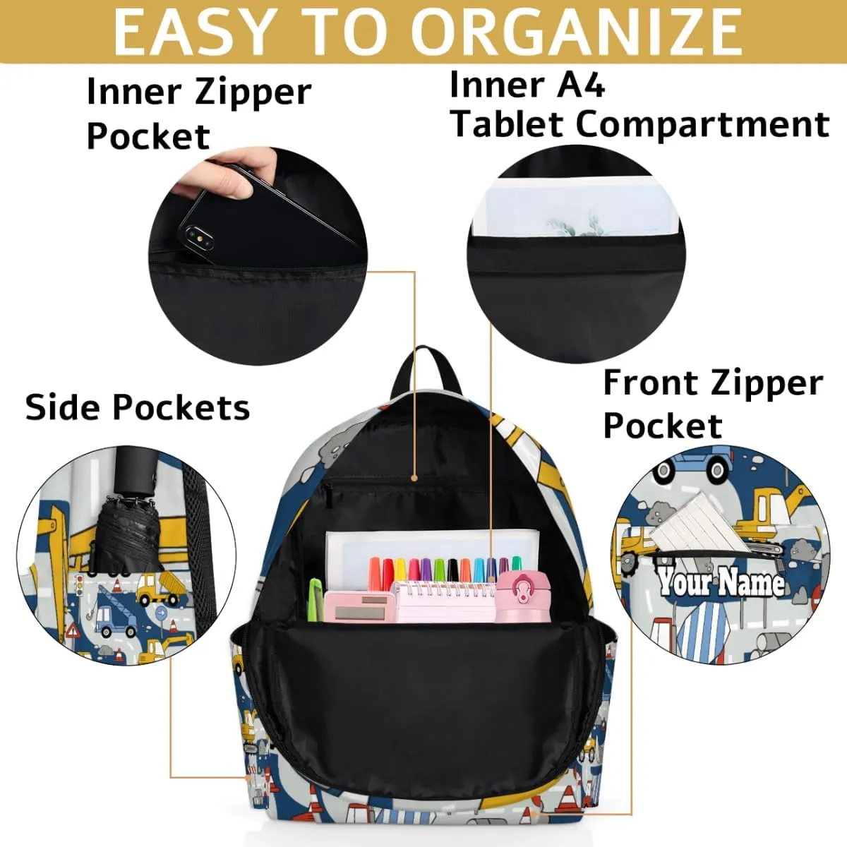 Personalized Construction Trucks Preschool Toddler Backpack for Boys Girls Custom Kids Name Small Bookbags Kindergarten Elementary Backpack, Cartoon Car