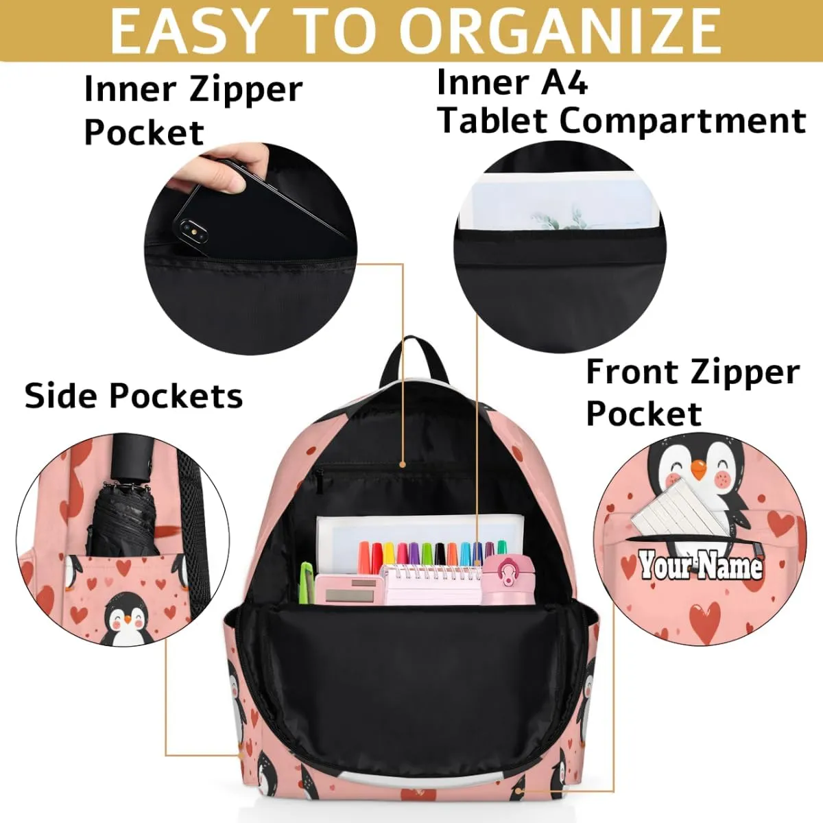 Personalized Cute Penguins Preschool Toddler Backpack for Boys Girls Custom Kids Name Small Bookbags Kindergarten Elementary Backpack, Penguin