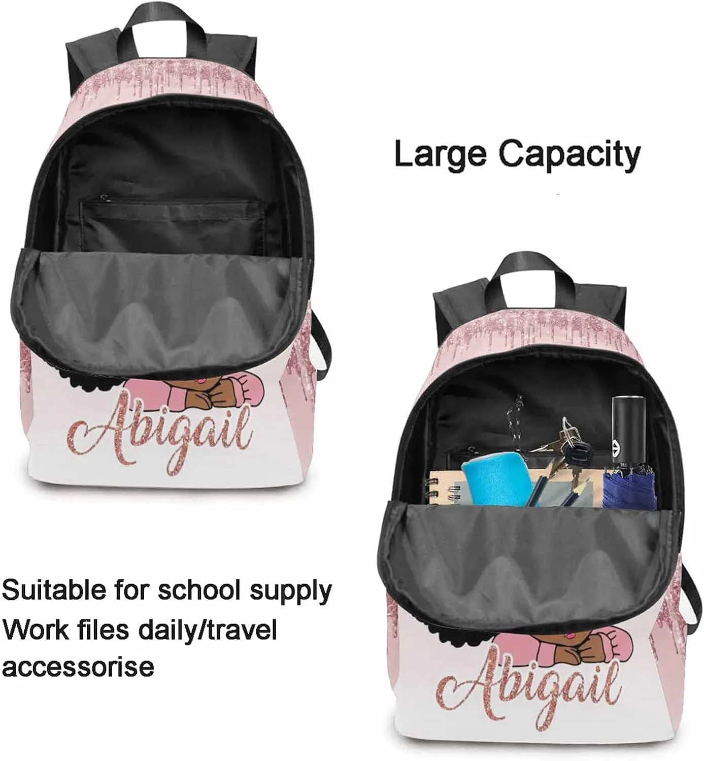 Personalized Name Bags Pink Drip Peekaboo Girl Travel Daypack Large Capacity Rucksack High School Book Bag Computer Laptop Bag for Girls Boys Women Men