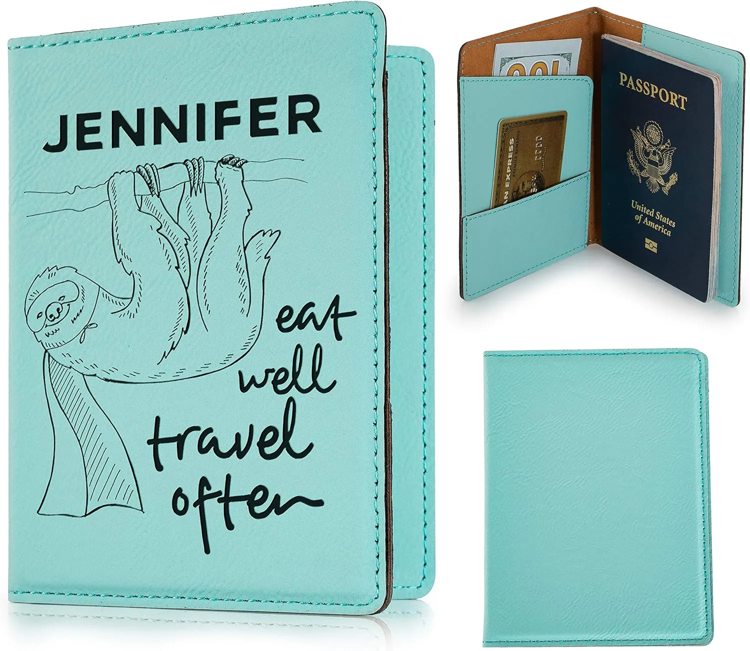 Personalized Passport Holder, 10 Color Leatherette Passport Cover for Women and Men, Custom Travel Accessories, Travel Wallet, Family Passport Wallet, Travel Gifts - Teal