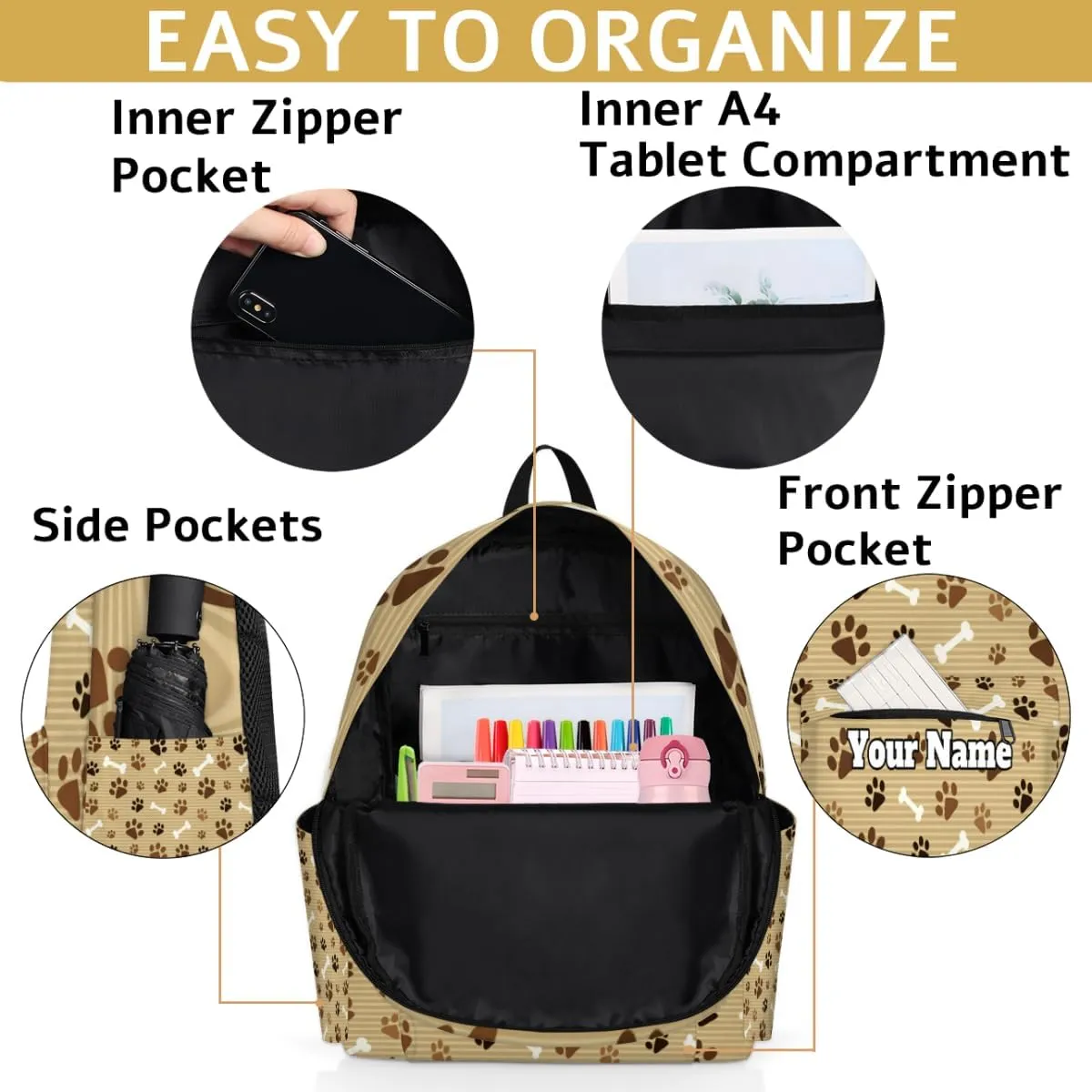Personalized Pawprint Animal Paw Preschool Toddler Backpack for Boys Girls Custom Kids Name Small Bookbags Kindergarten Elementary Backpack, Footprint with Bones