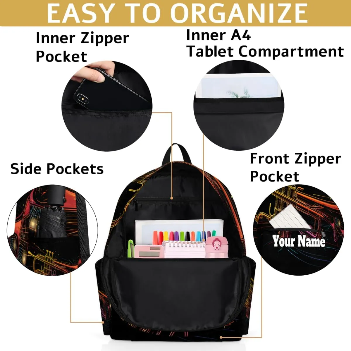 Personalized Saxophone Preschool Toddler Backpack for Boys Girls Custom Kids Name Small Bookbags Kindergarten Elementary Backpack, Music