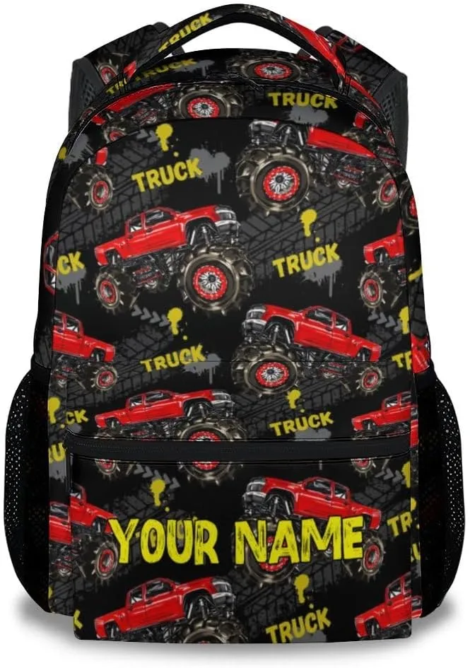Personalized Truck Backpack for Boys, 17 Inch Black Backpacks for Kindergarten, Durable Bookbag for Teens