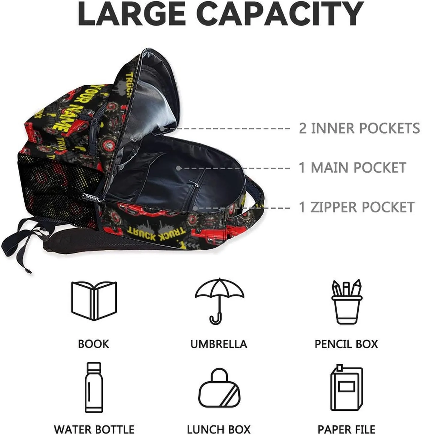 Personalized Truck Backpack for Boys, 17 Inch Black Backpacks for Kindergarten, Durable Bookbag for Teens