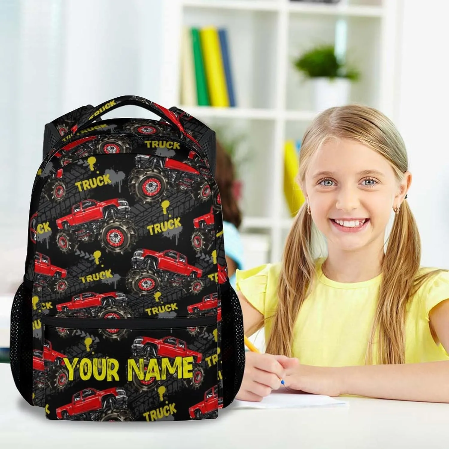 Personalized Truck Backpack for Boys, 17 Inch Black Backpacks for Kindergarten, Durable Bookbag for Teens