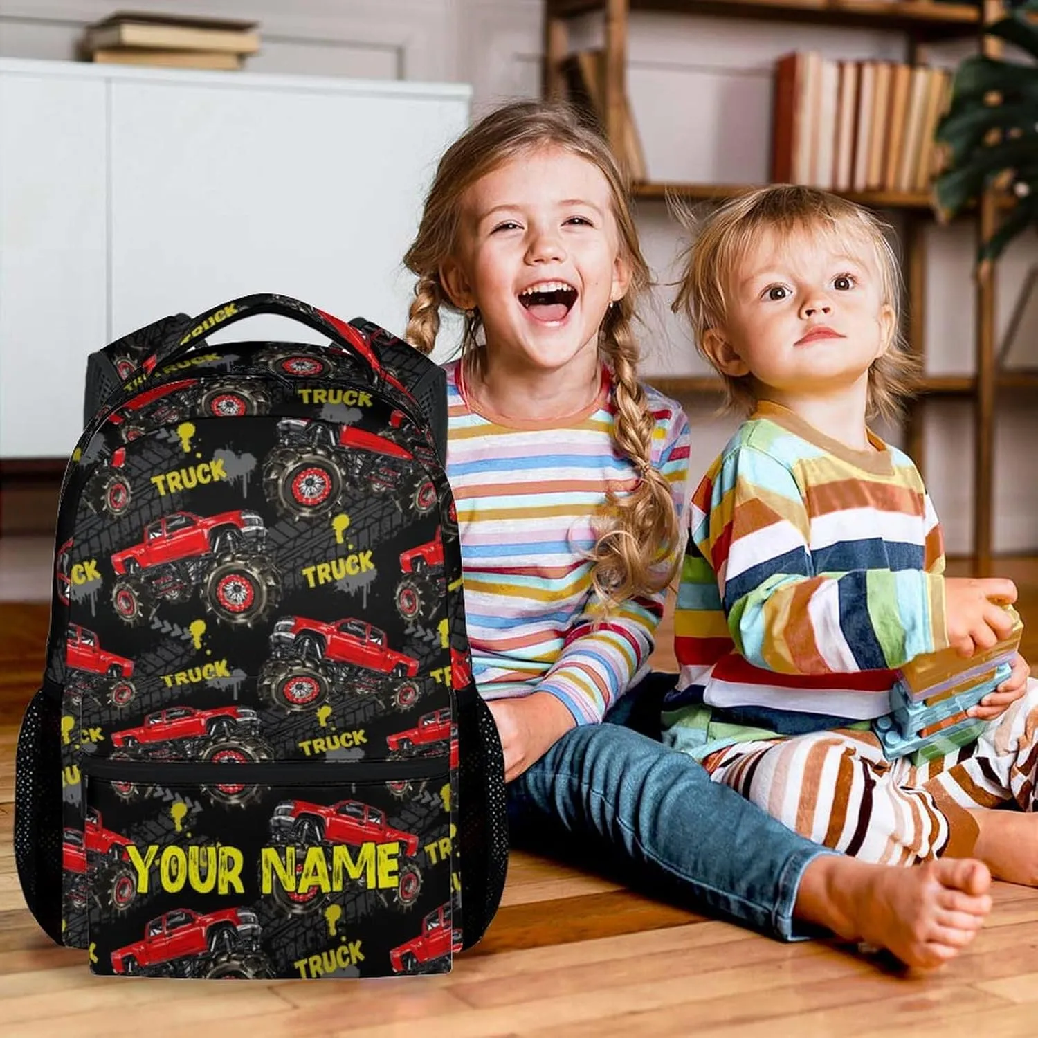 Personalized Truck Backpack for Boys, 17 Inch Black Backpacks for Kindergarten, Durable Bookbag for Teens