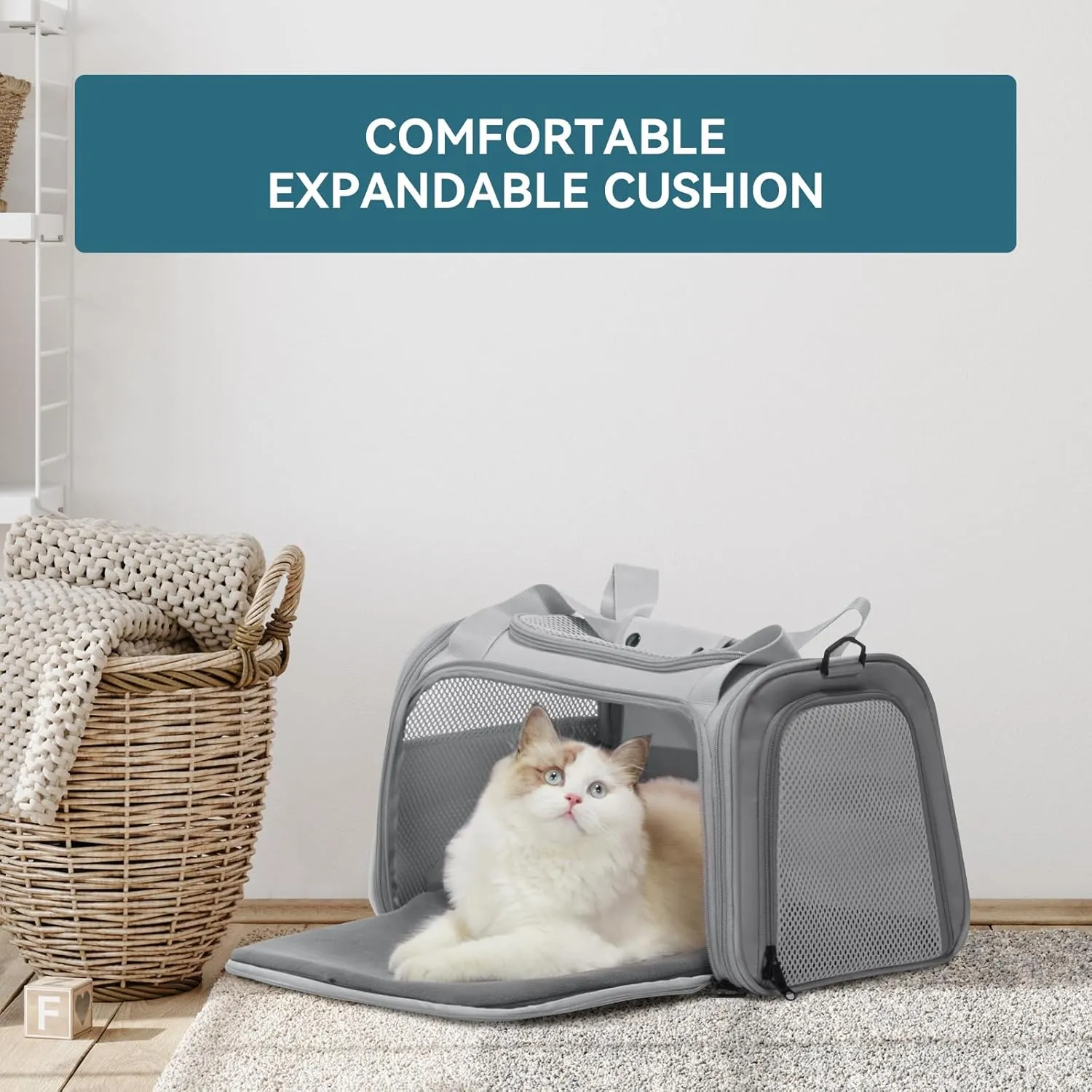 PETSFIT Cat Carrier Airline Approved, Soft Carrier for Small and Medium Cats Under 12 Lbs, Soft Cat Travel Bag, Kitten Carrier with Extendable Mat, Grey
