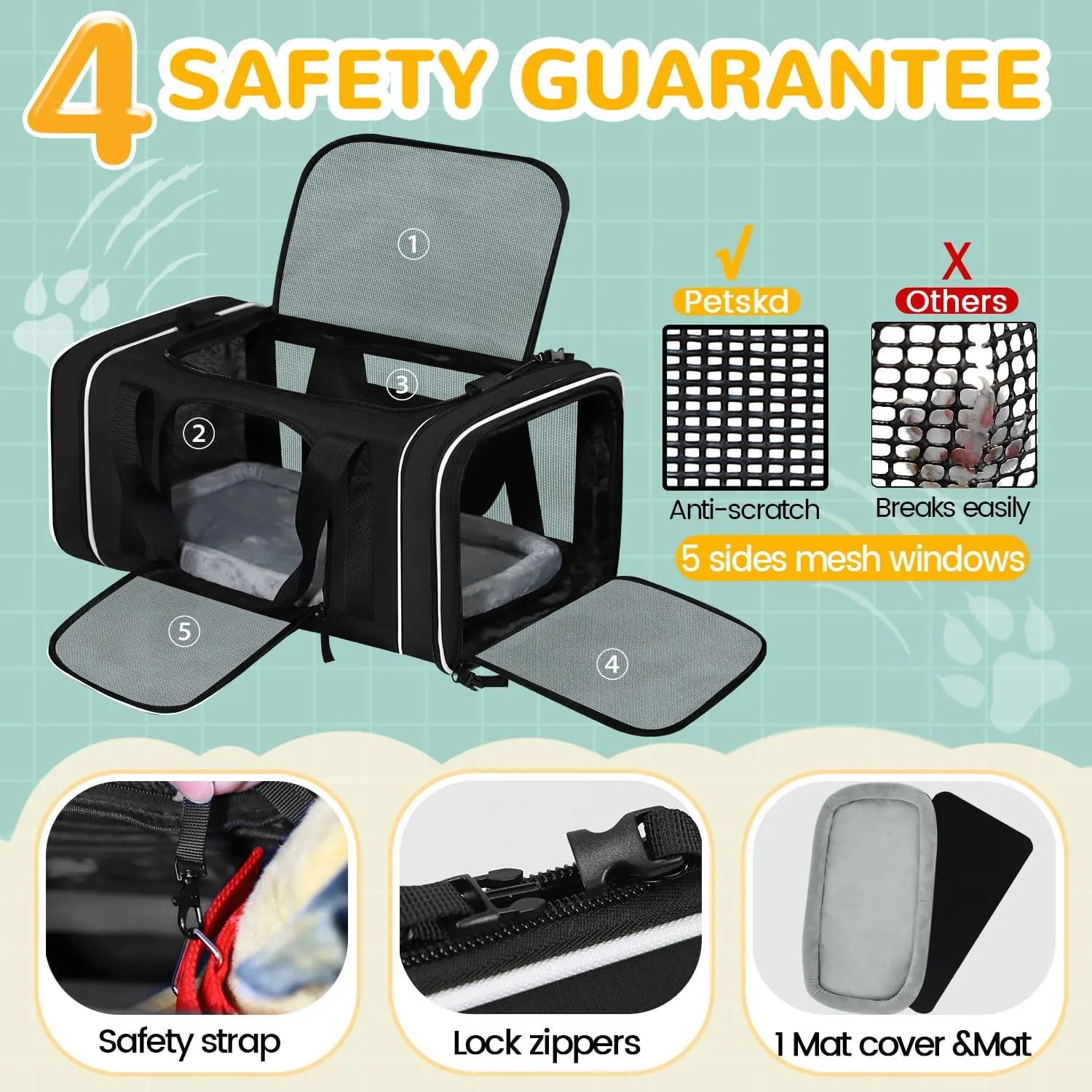 Petskd Length-Expandable Pet Carrier 18x11x11 Inches Delta American United Airline Approved, Soft Pet Travel Carrier for Small Cats Dogs with Zipper Locks and Anti-Scratch Mesh(Black)