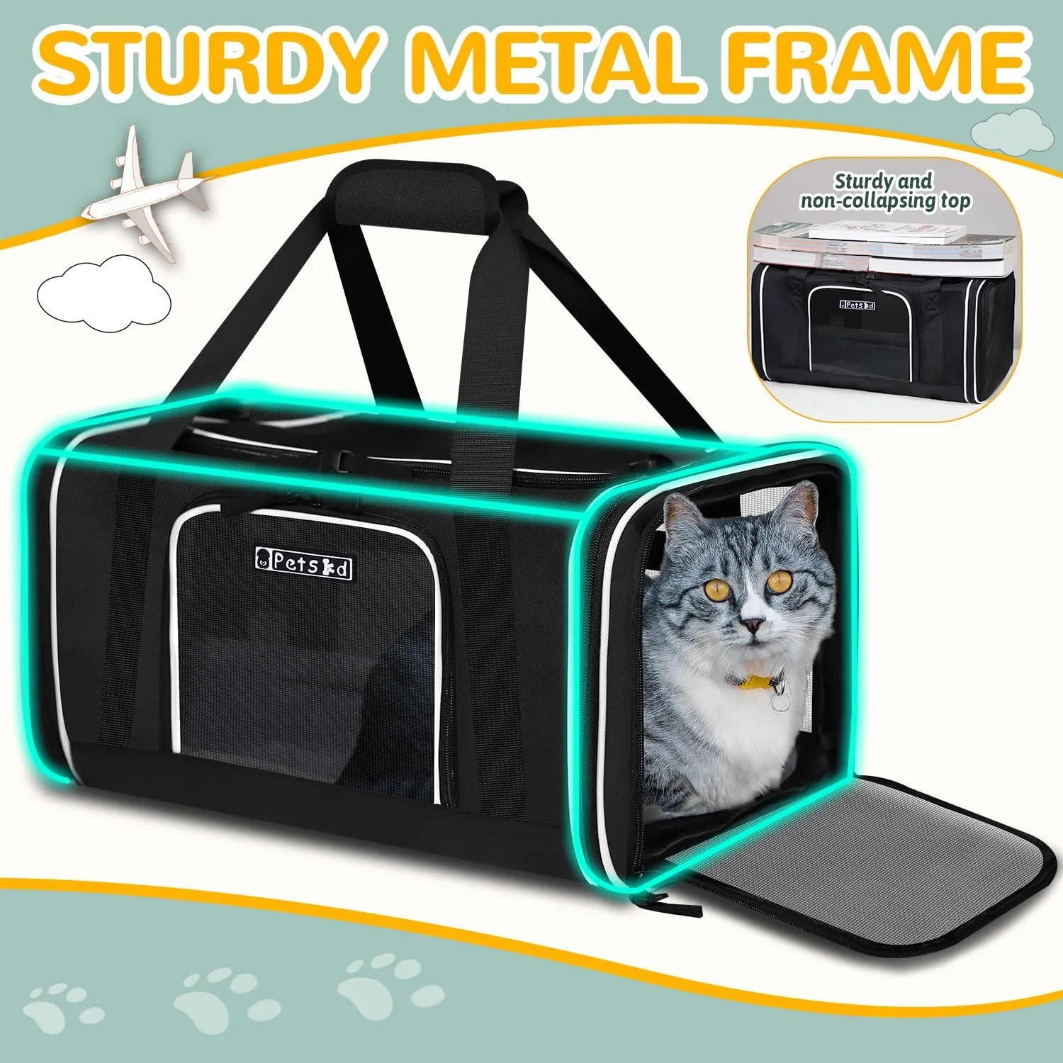 Petskd Length-Expandable Pet Carrier 18x11x11 Inches Delta American United Airline Approved, Soft Pet Travel Carrier for Small Cats Dogs with Zipper Locks and Anti-Scratch Mesh(Black)