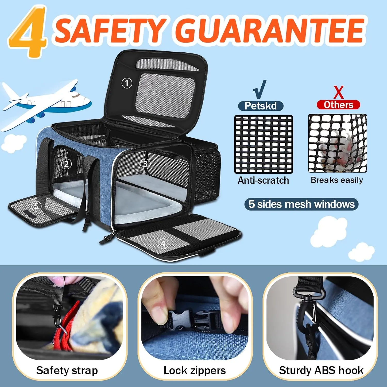 Petskd Top and Side Expandable Pet Carrier 17x12x8.5 Inches JetBlue Frontier Spirit Airline Approved, Soft-Sided Carrier for Small Cats and Dogs with Locking Safety Zippers and Anti-Scratch Mesh(Blue)