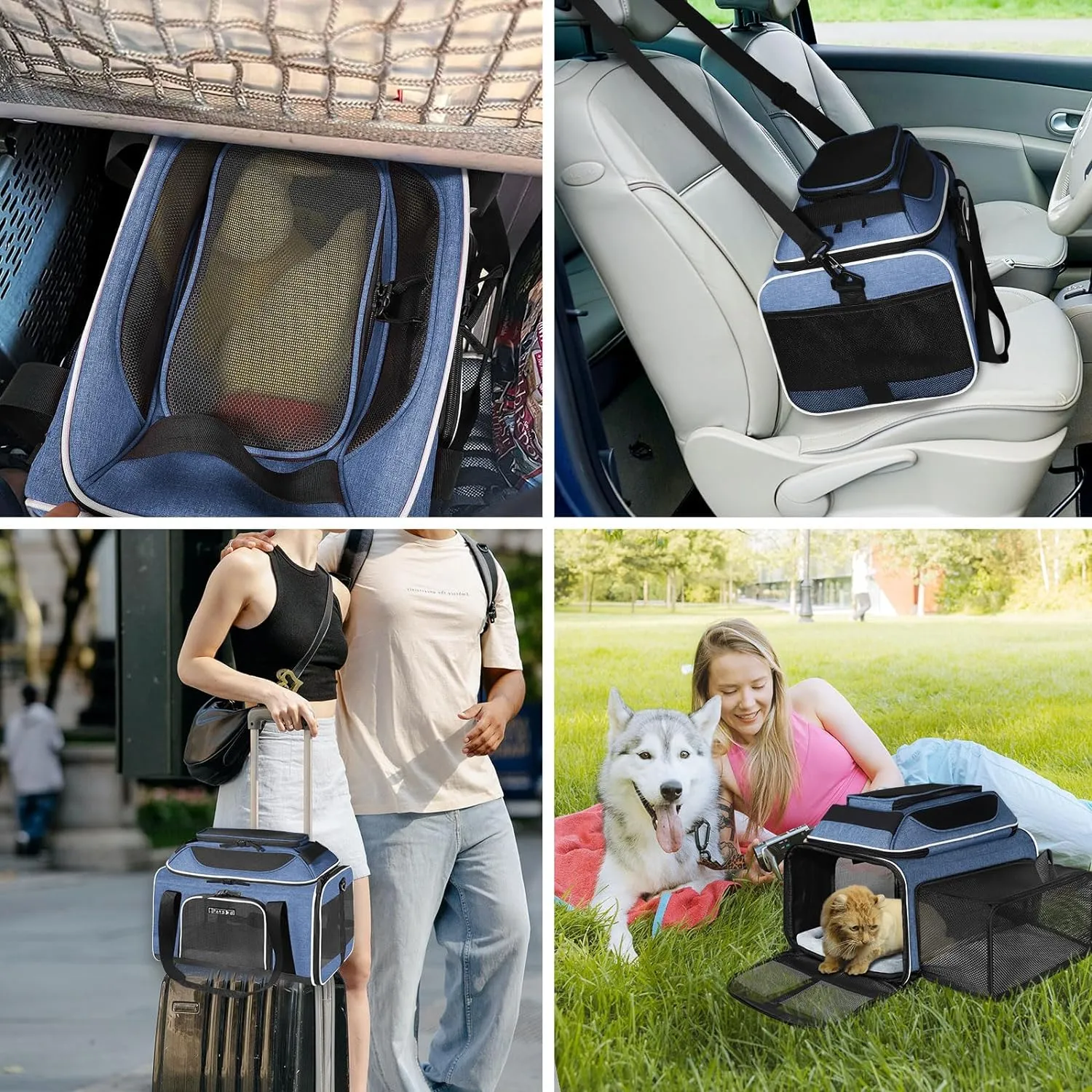 Petskd Top and Side Expandable Pet Carrier 17x12x8.5 Inches JetBlue Frontier Spirit Airline Approved, Soft-Sided Carrier for Small Cats and Dogs with Locking Safety Zippers and Anti-Scratch Mesh(Blue)