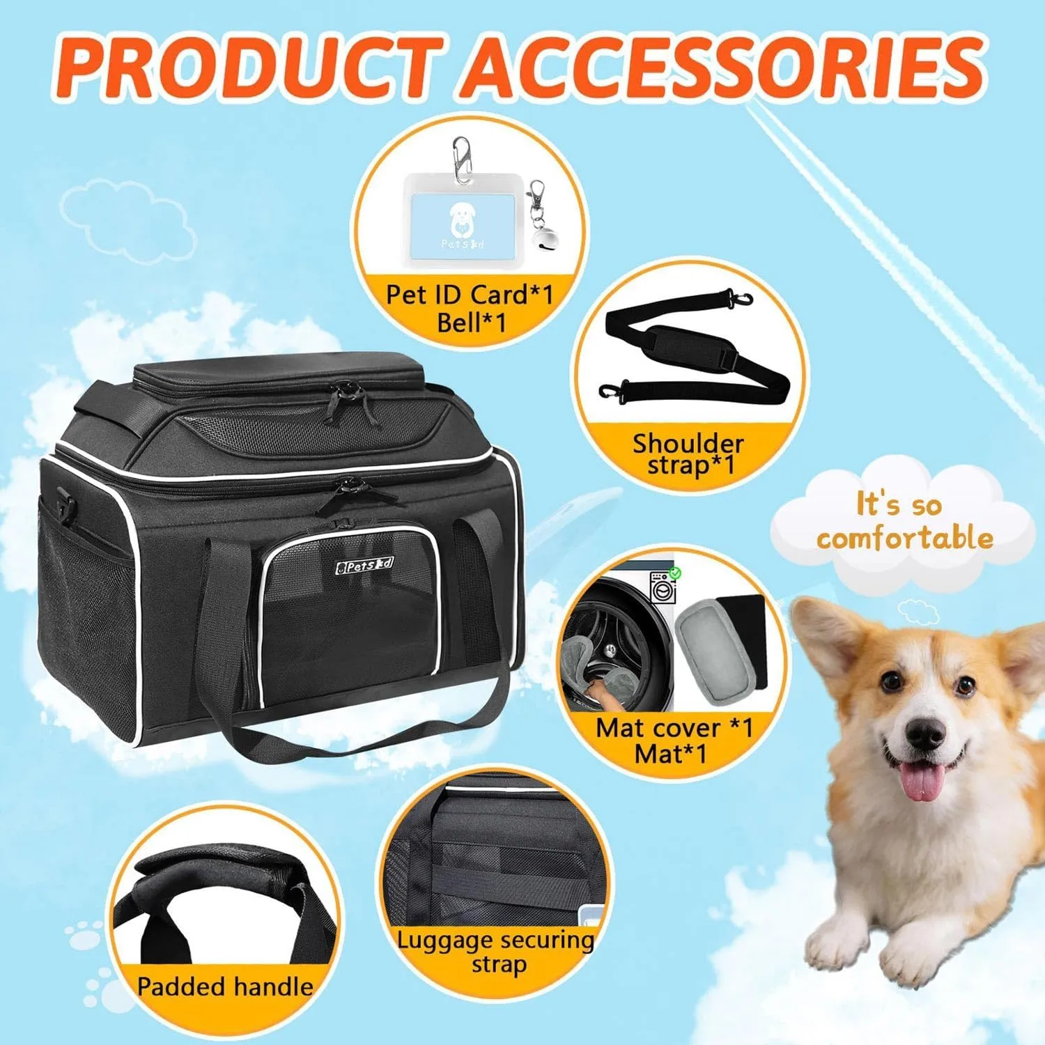 Petskd Top-Expandable Pet Carrier 18x13x9.5 Inches Southwest Allegiant Airline Approved, Soft-Sided Carrier for Small Cats and Dogs with Locking Safety Zippers and Anti-Scratch Mesh(Black)