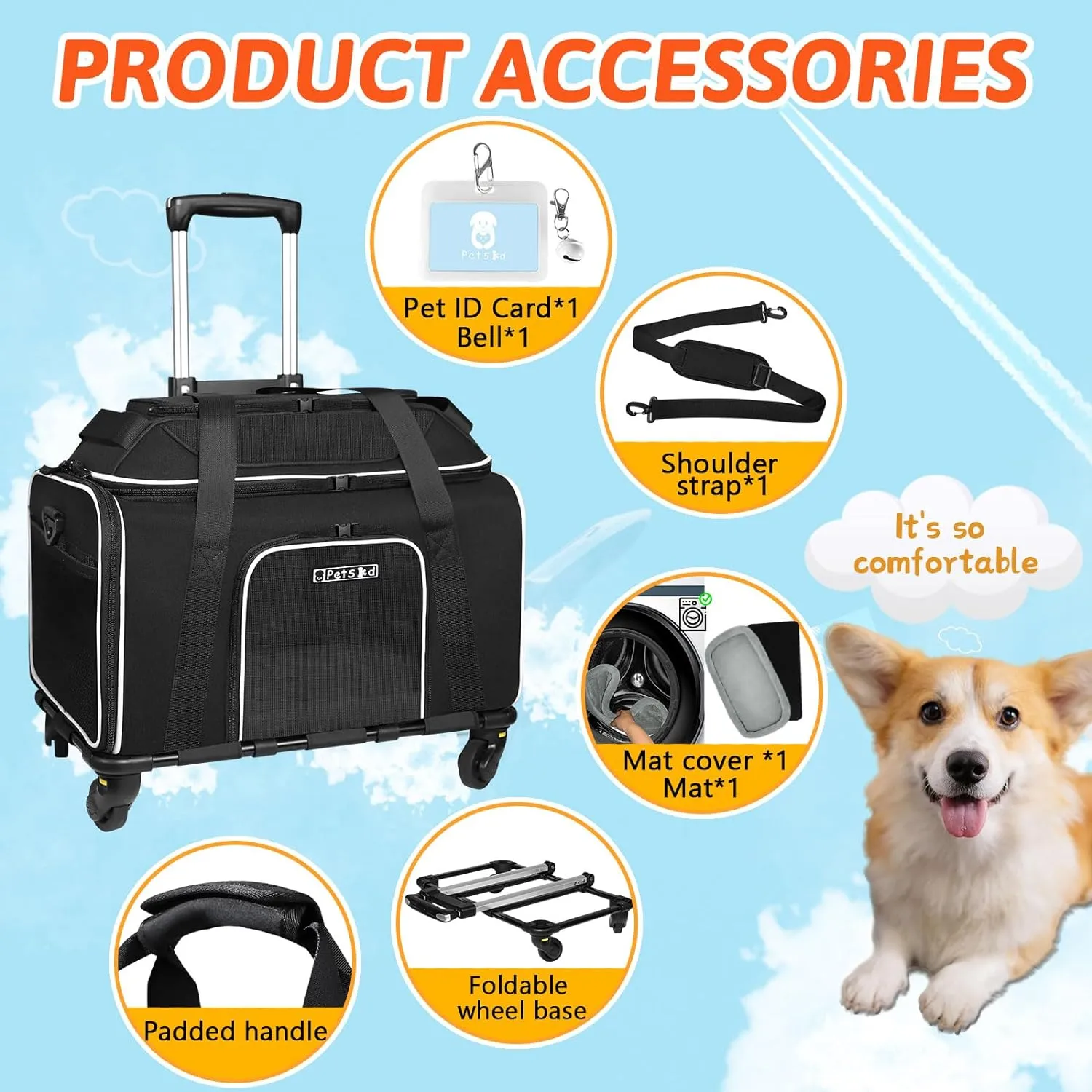 Petskd Top-Expandable Pet Carrier with Wheels 18x13x9.5 Inches Southwest Airline Approved, Soft-Sided Carrier for Small Cats Dogs with Locking Safety Zippers and Anti-Scratch Mesh(Black)