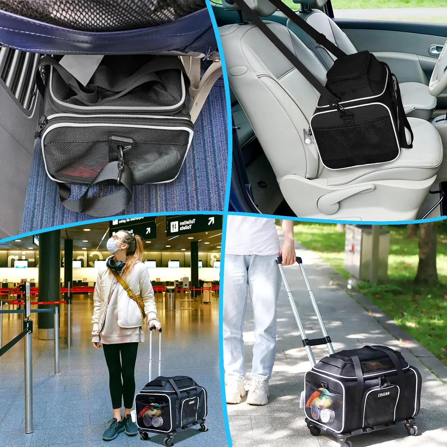 Petskd Top-Expandable Pet Carrier with Wheels 18x13x9.5 Inches Southwest Airline Approved, Soft-Sided Carrier for Small Cats Dogs with Locking Safety Zippers and Anti-Scratch Mesh(Black)