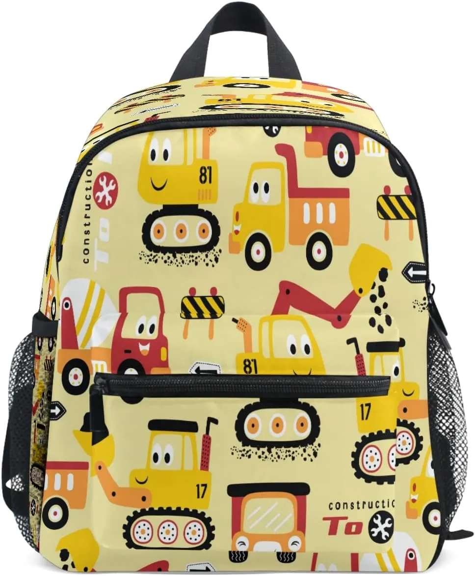 Pfrewn Cute Vehicles Toddler Backpacks for Kids Preschool Schoolbag Backpack for Boys Funny Construction Vehicle Car Mini Kindergarten Nursery Bag with Chest Strap