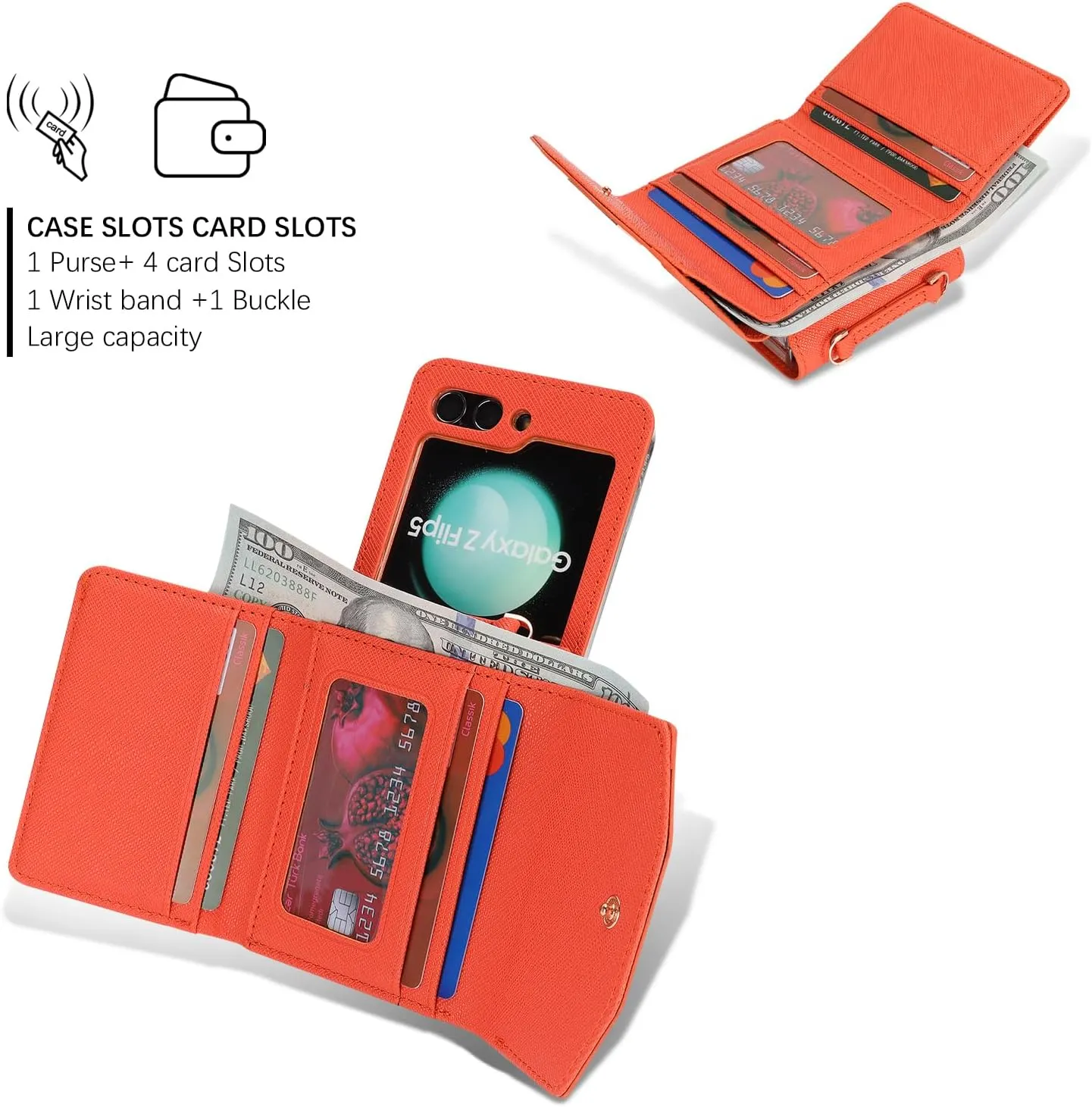 Phone Case for Samsung Galaxy Z Flip 5, Crossbody Wallet Phone Cover with Card Holders Cash Slot Wristlet Strap, Fashion Leather Handbag Flip 5 Phone Case for Women Girls (Orange)