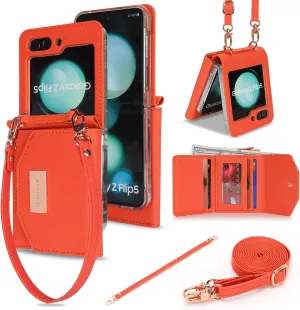 Phone Case for Samsung Galaxy Z Flip 5, Crossbody Wallet Phone Cover with Card Holders Cash Slot Wristlet Strap, Fashion Leather Handbag Flip 5 Phone Case for Women Girls (Orange)