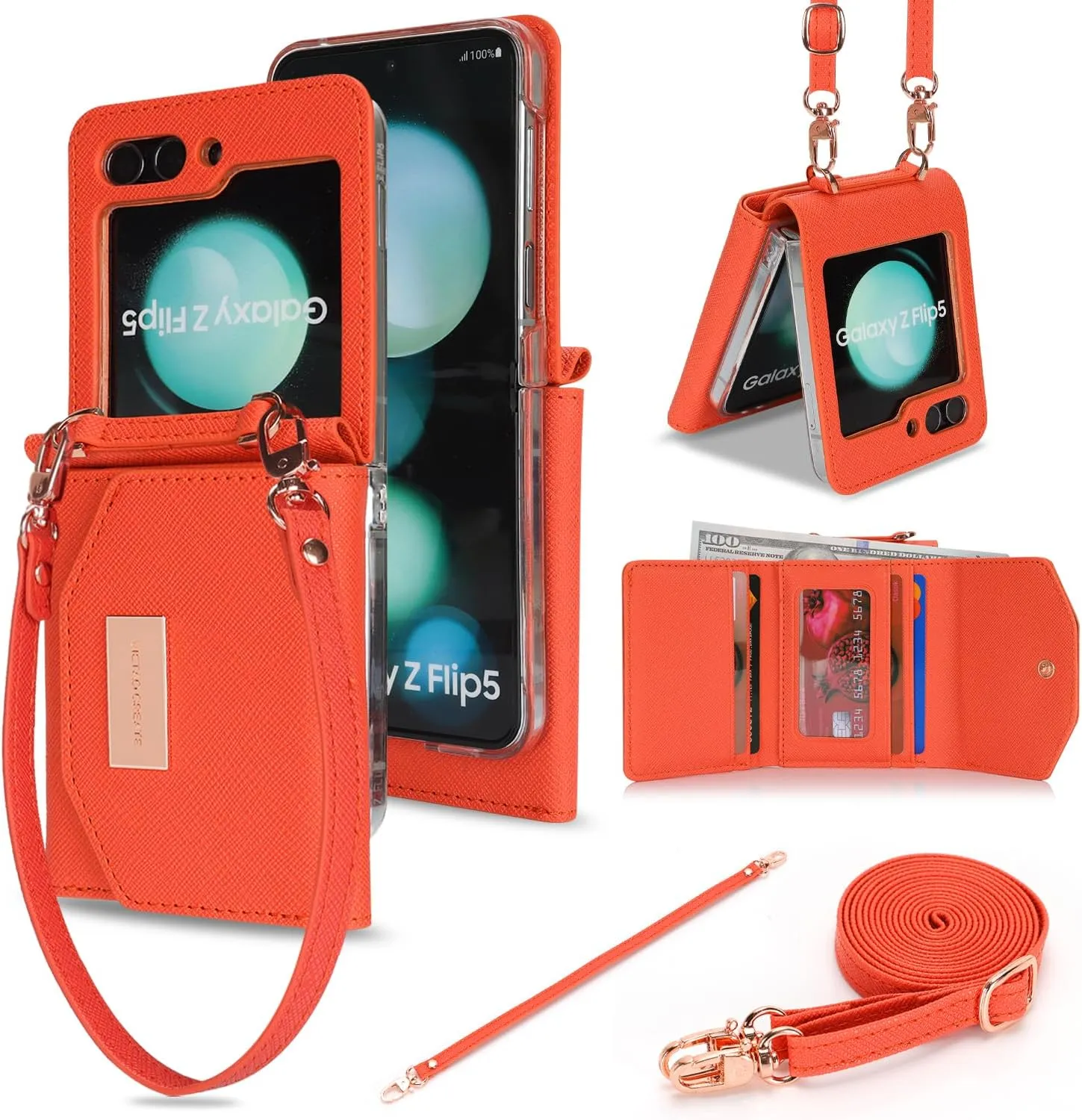 Phone Case for Samsung Galaxy Z Flip 5, Crossbody Wallet Phone Cover with Card Holders Cash Slot Wristlet Strap, Fashion Leather Handbag Flip 5 Phone Case for Women Girls (Orange)