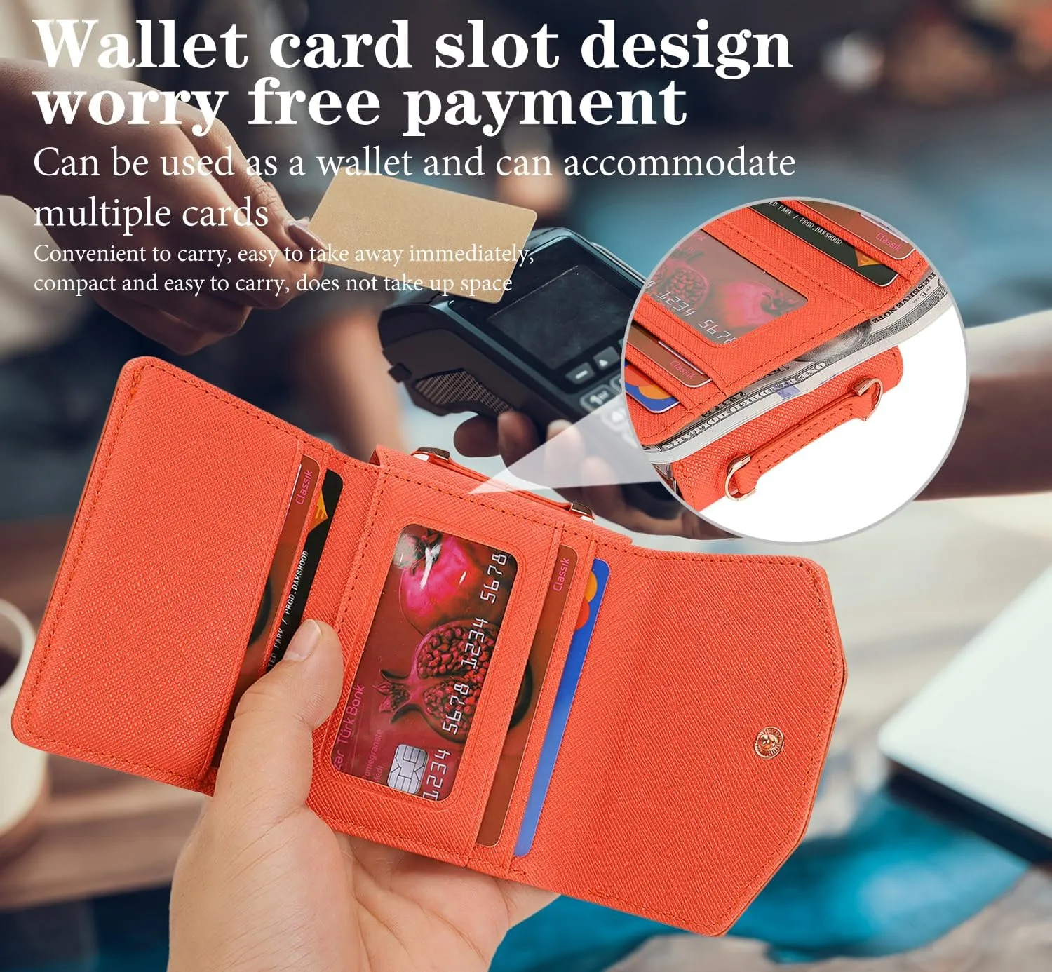 Phone Case for Samsung Galaxy Z Flip 5, Crossbody Wallet Phone Cover with Card Holders Cash Slot Wristlet Strap, Fashion Leather Handbag Flip 5 Phone Case for Women Girls (Orange)