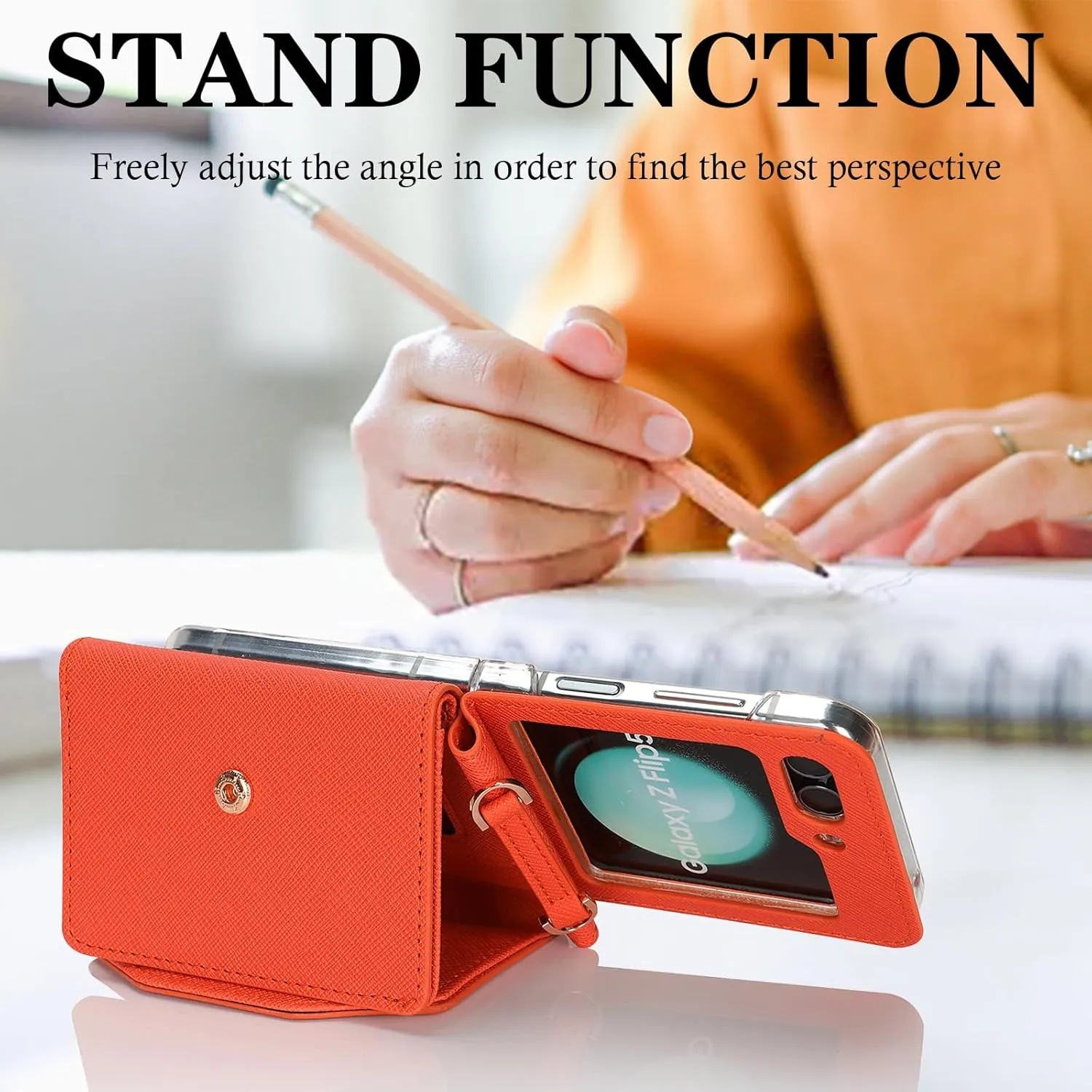 Phone Case for Samsung Galaxy Z Flip 5, Crossbody Wallet Phone Cover with Card Holders Cash Slot Wristlet Strap, Fashion Leather Handbag Flip 5 Phone Case for Women Girls (Orange)