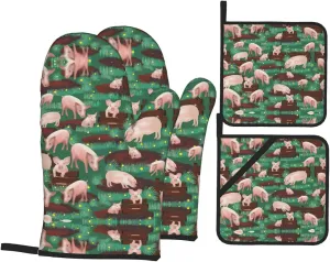 Pigs in Farm Print Convenient Oven Mitts Pot Holders Set Duty Heat Resistant Gloves with Quilted Liner
