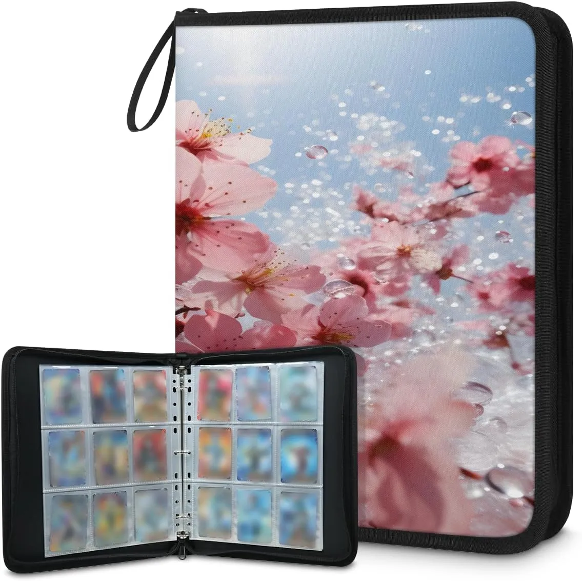 Pink Cherry Blossom 3 Ring Trading Zipper Binder Strap, Trading Card Binder 9 Pocket, 900 Pockets Card Holder with 50 Removable Sleeves for Game Cards