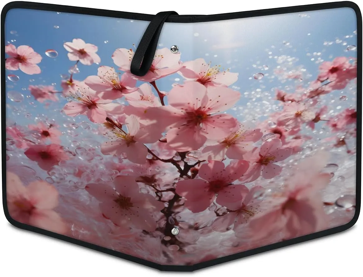 Pink Cherry Blossom 3 Ring Trading Zipper Binder Strap, Trading Card Binder 9 Pocket, 900 Pockets Card Holder with 50 Removable Sleeves for Game Cards